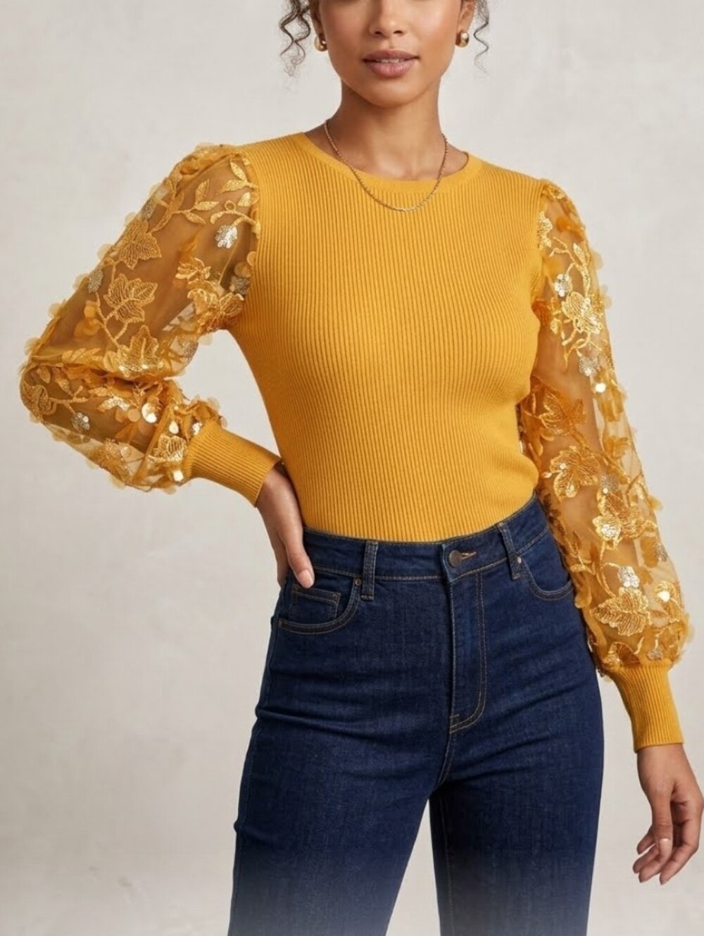 Sioni Fall Leaves Ribbed Knit Mesh Long Sleeve Sweater Autumn Romantic Whimsical